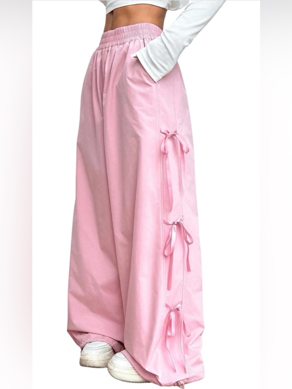Amazon Pink Wide-Leg Track Pants with Side Bow Details